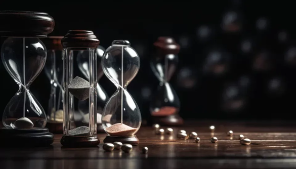 different hourglasses and stones depicting time and money